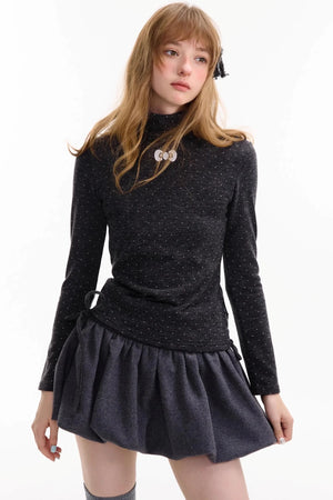 Retro Polka Dot High-Neck Long Sleeve T-Shirt