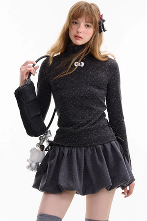 Retro Polka Dot High-Neck Long Sleeve T-Shirt