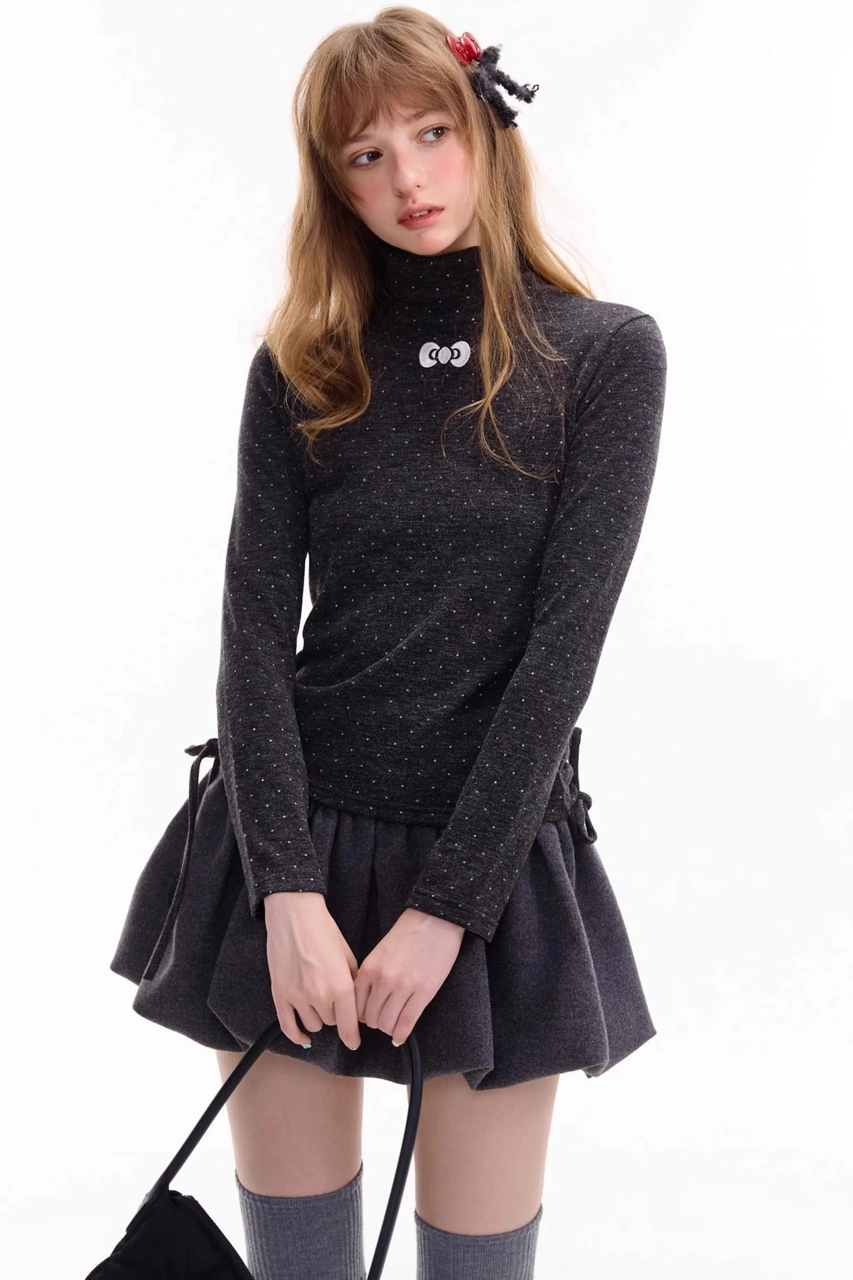 Retro Polka Dot High-Neck Long Sleeve T-Shirt