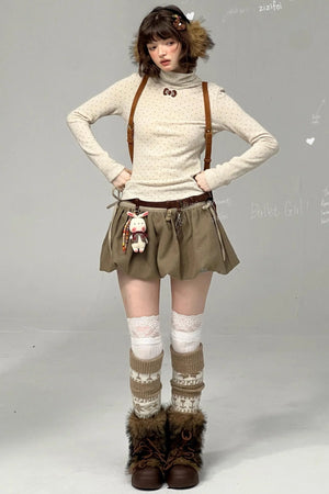 Retro Polka Dot High-Neck Long Sleeve T-Shirt