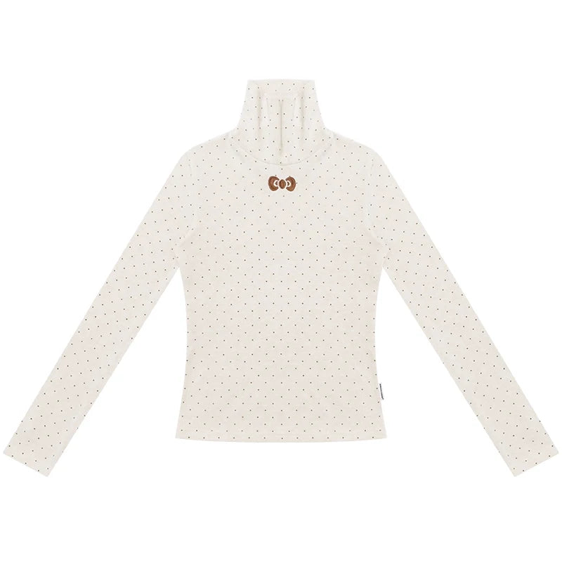 Retro Polka Dot High-Neck Long Sleeve T-Shirt