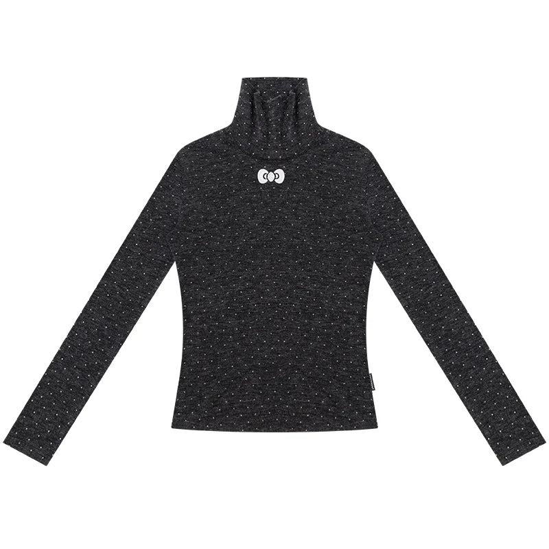Retro Polka Dot High-Neck Long Sleeve T-Shirt