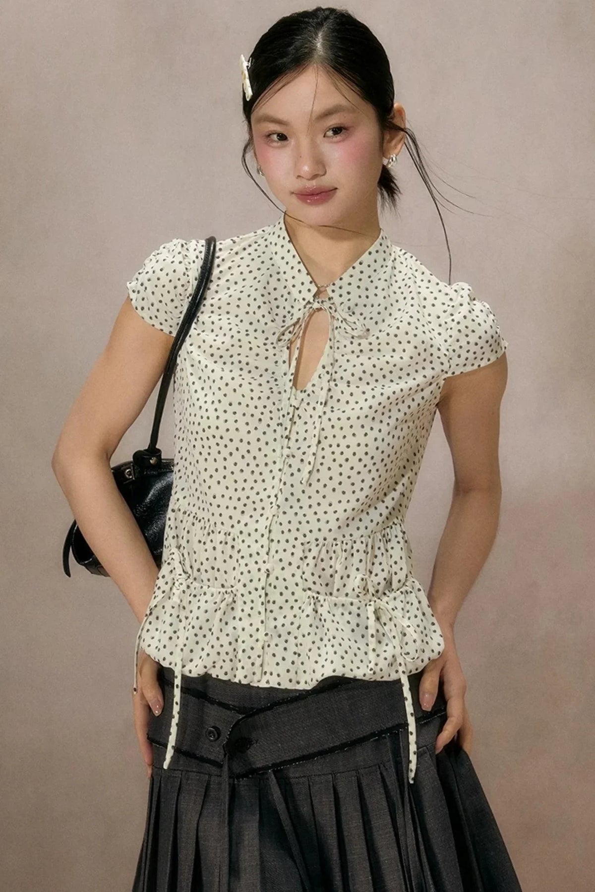 Retro Polka Dot Puff Sleeve Shirt