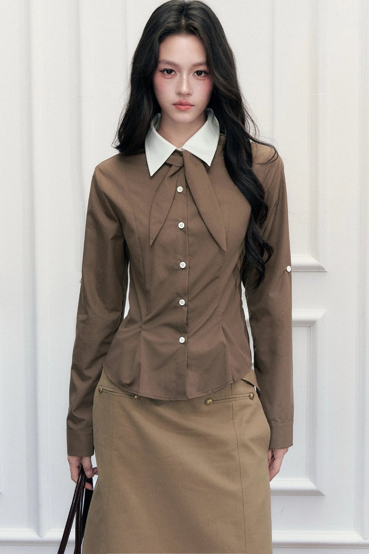 Retro Preppy Color-Blocking Shirt Knitted Vest and Skirt Set-Up