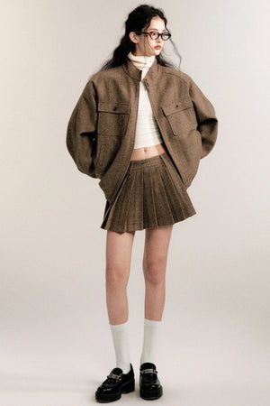 Retro Preppy Wool Jacket Skirt Set-Up