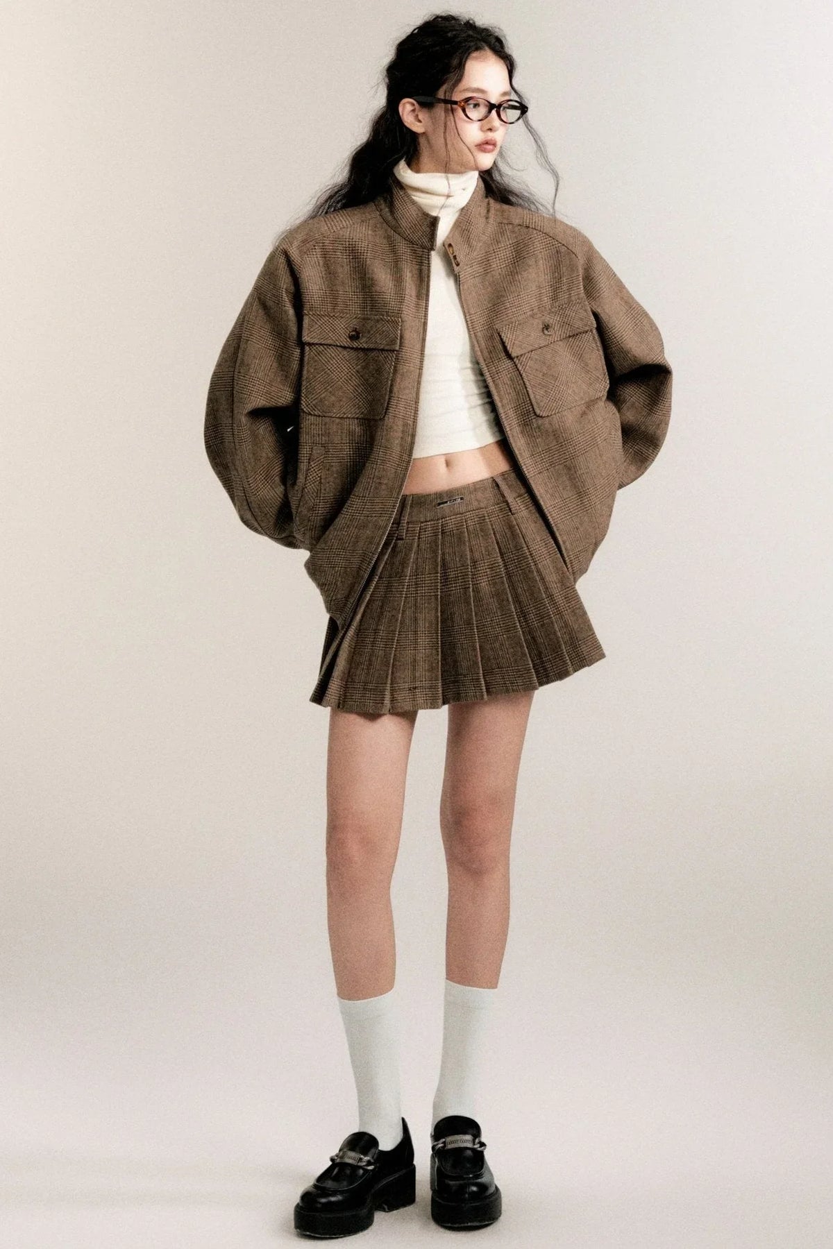 Retro Preppy Wool Jacket Skirt Set-Up