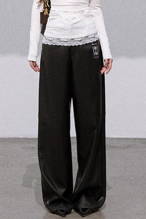 Retro Print Wide-leg Leather Pants