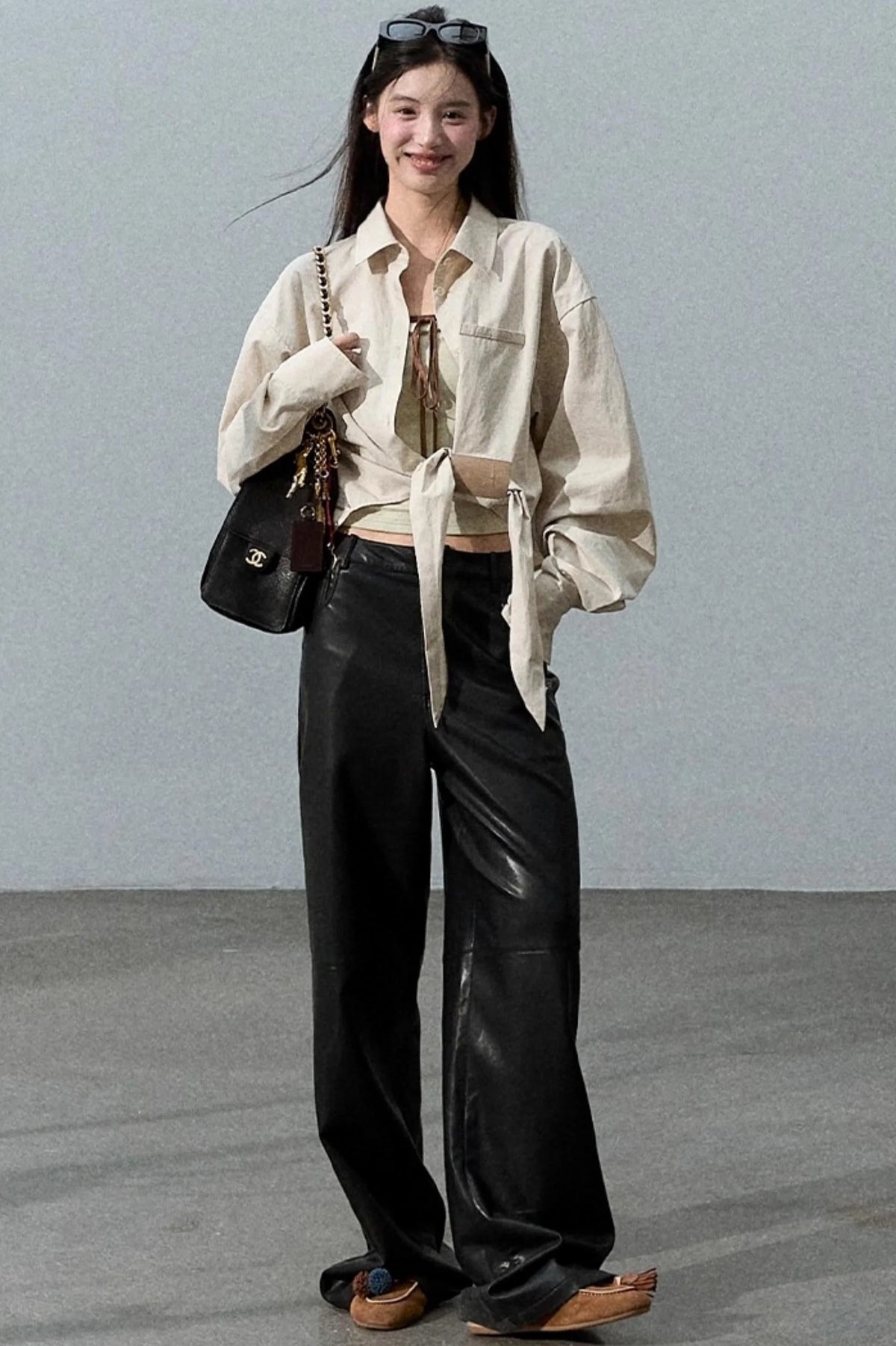 Retro Print Wide-leg Leather Pants