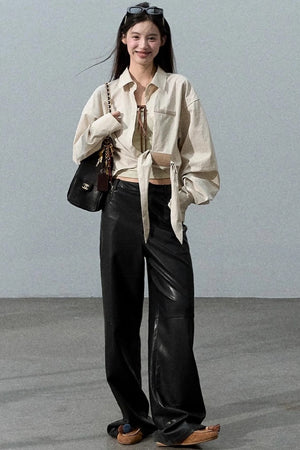 Retro Print Wide-leg Leather Pants