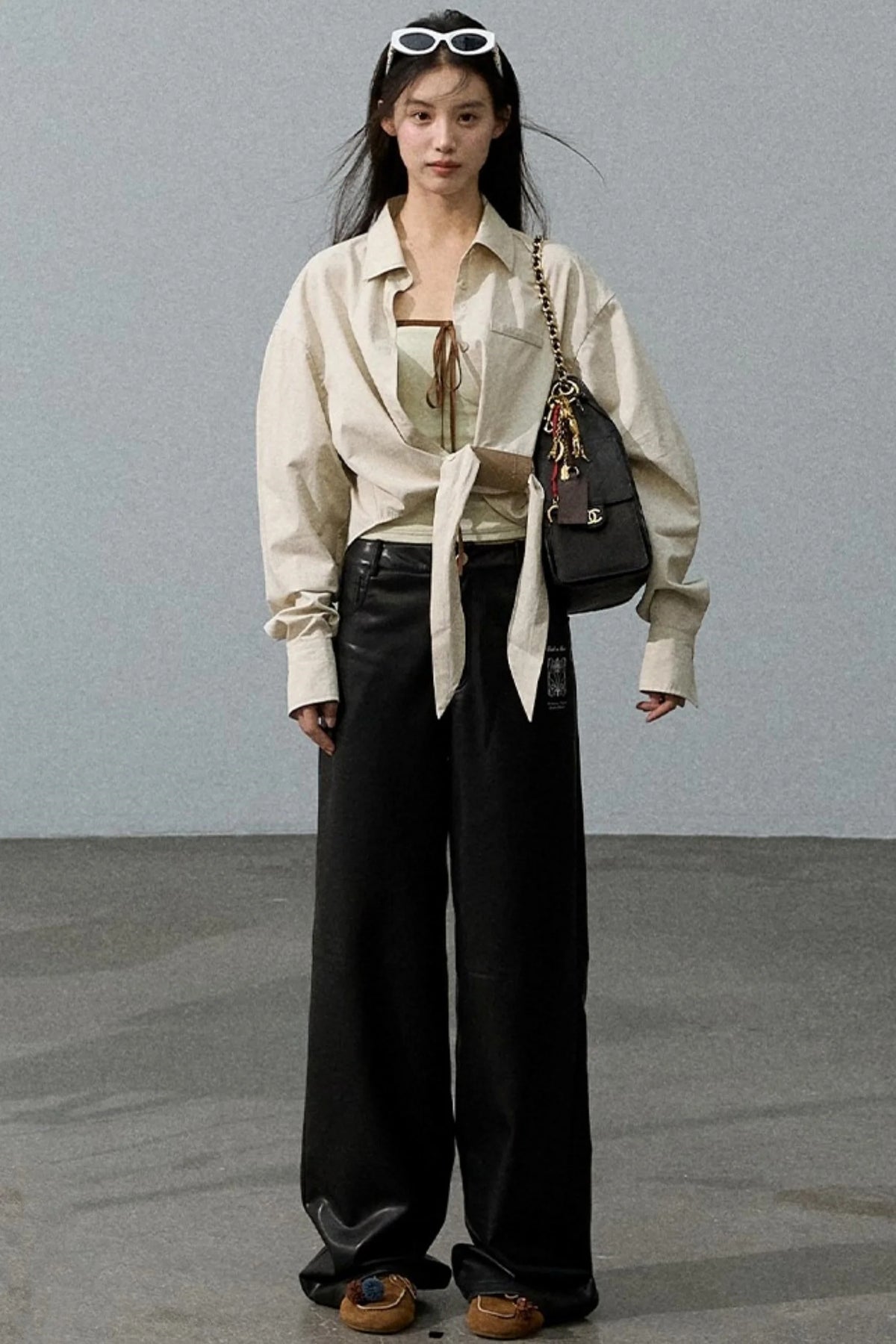 Retro Print Wide-leg Leather Pants