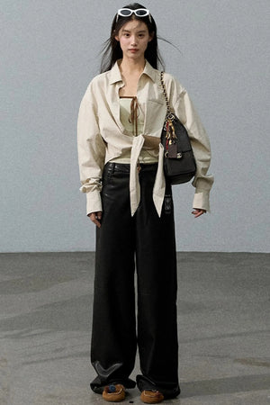 Retro Print Wide-leg Leather Pants