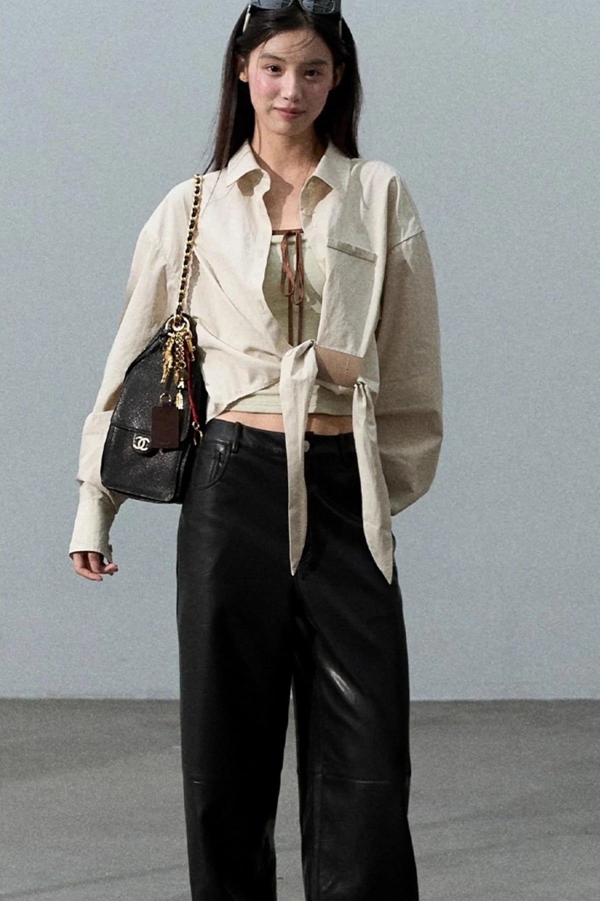 Retro Print Wide-leg Leather Pants