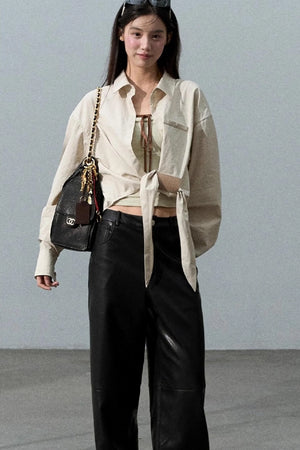Retro Print Wide-leg Leather Pants