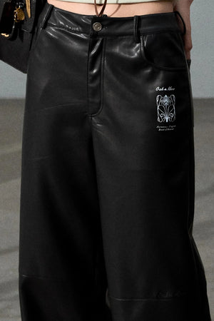 Retro Print Wide-leg Leather Pants