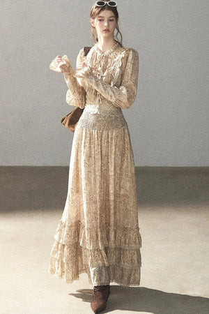 Retro Printed Chiffon Blouse and Skirt Set-Up
