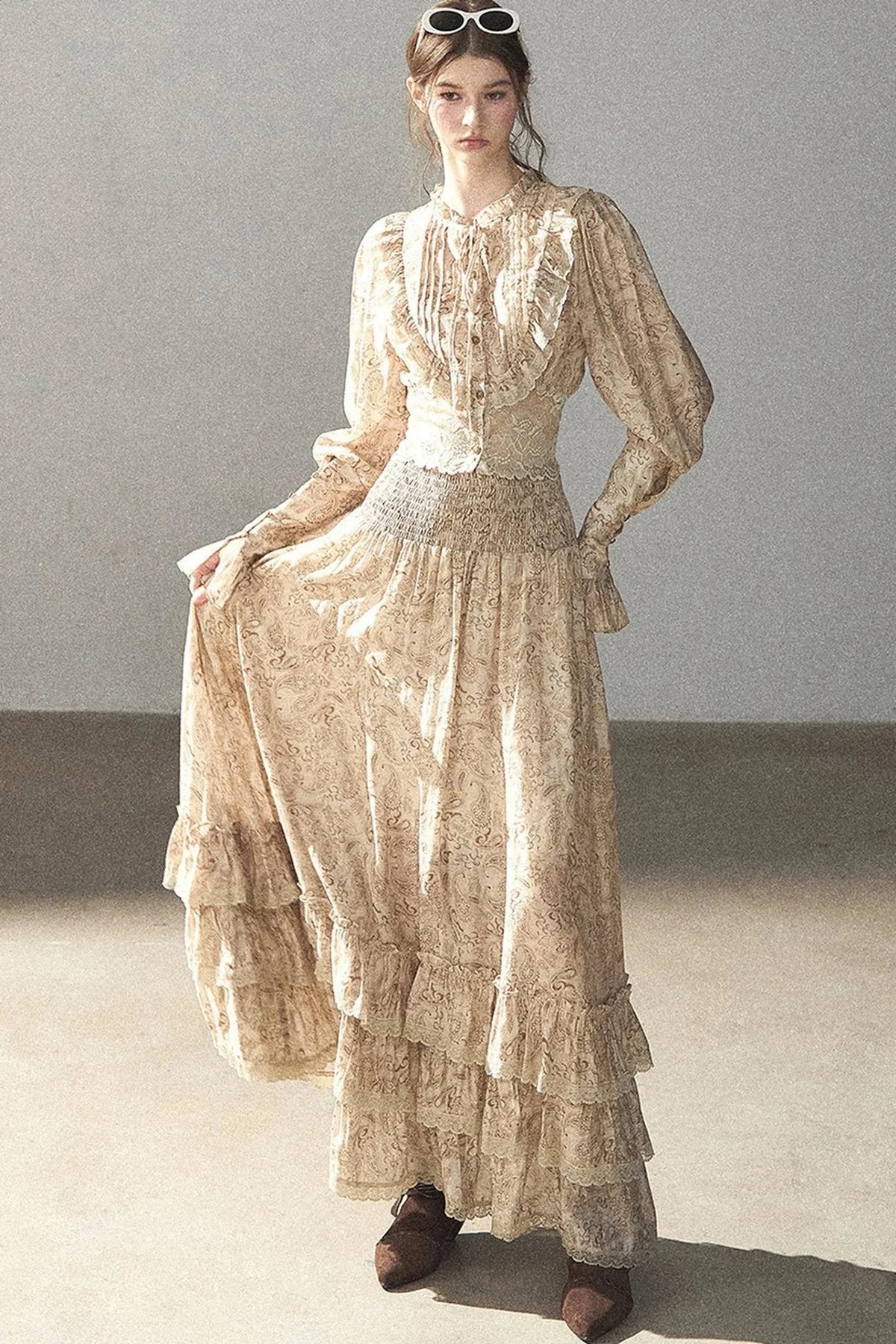 Retro Printed Chiffon Blouse and Skirt Set-Up