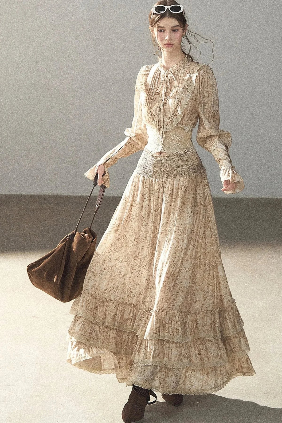 Retro Printed Chiffon Blouse and Skirt Set-Up