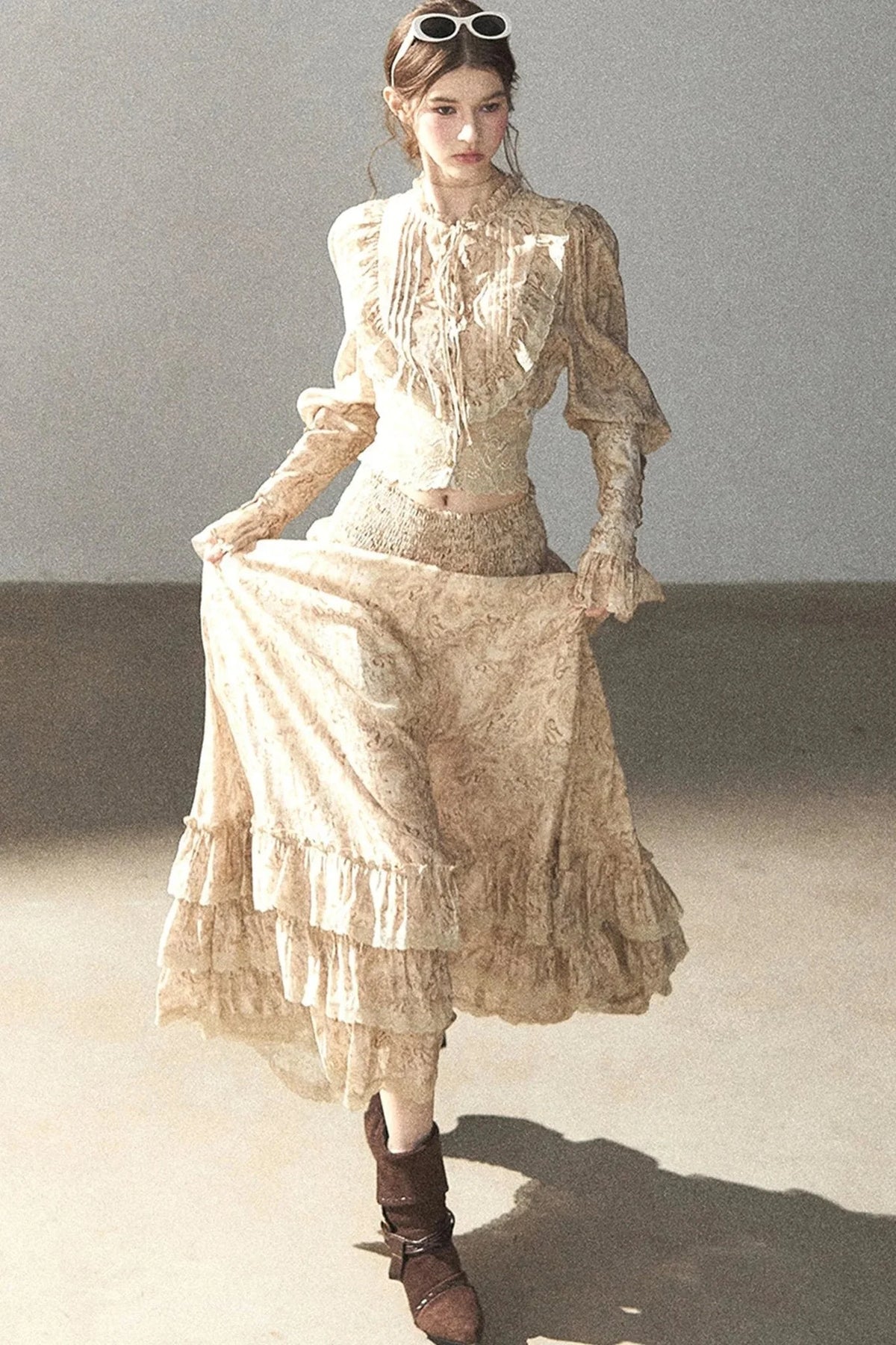 Retro Printed Chiffon Blouse and Skirt Set-Up