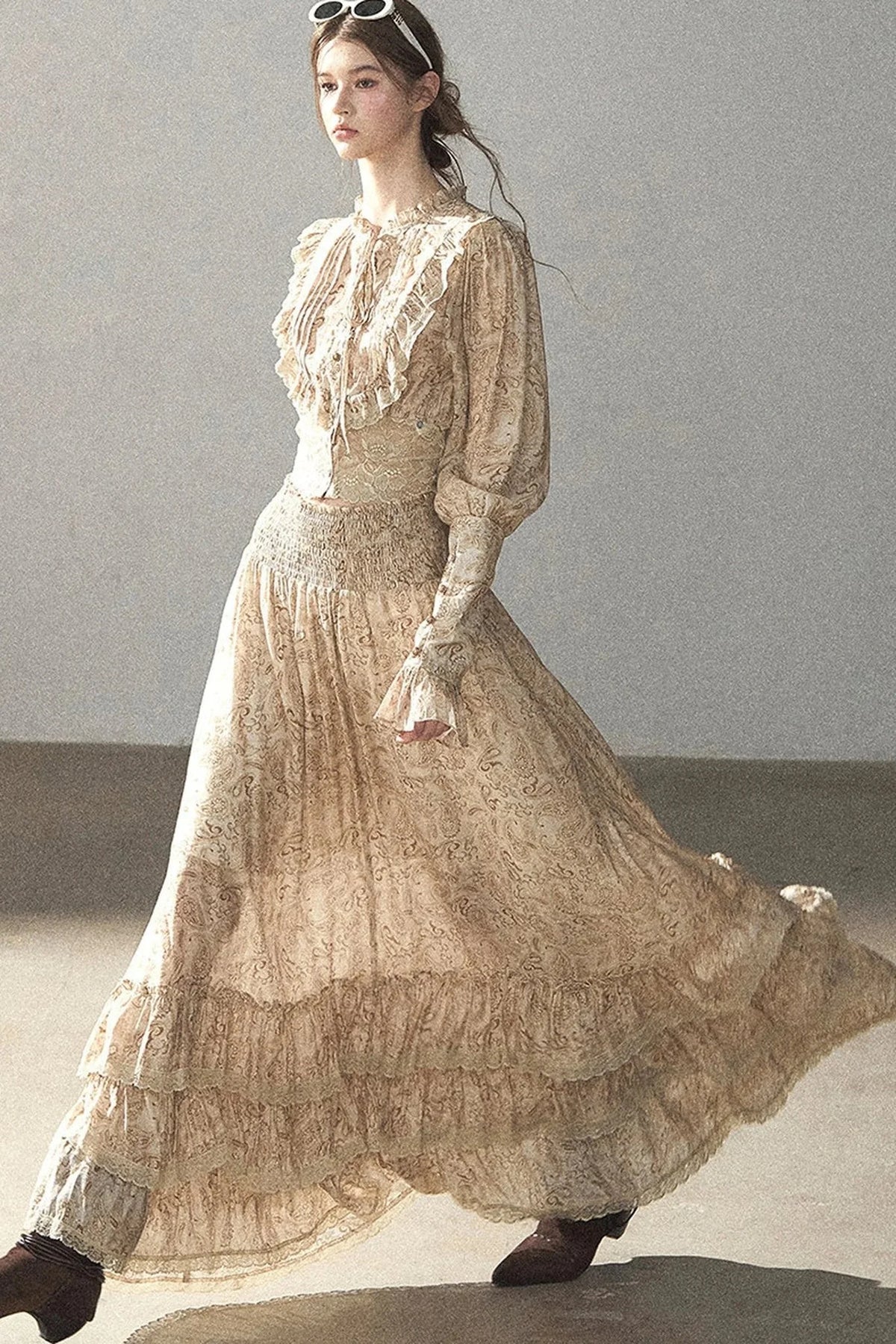 Retro Printed Chiffon Blouse and Skirt Set-Up