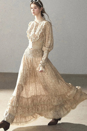 Retro Printed Chiffon Blouse and Skirt Set-Up