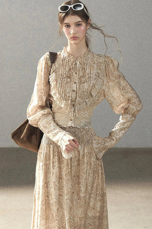Retro Printed Chiffon Blouse and Skirt Set-Up