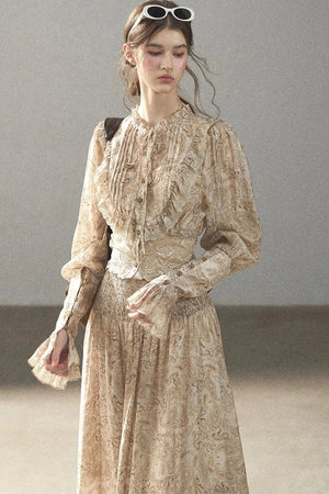Retro Printed Chiffon Blouse and Skirt Set-Up