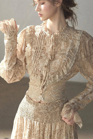 Retro Printed Chiffon Blouse and Skirt Set-Up