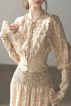 Retro Printed Chiffon Blouse and Skirt Set-Up