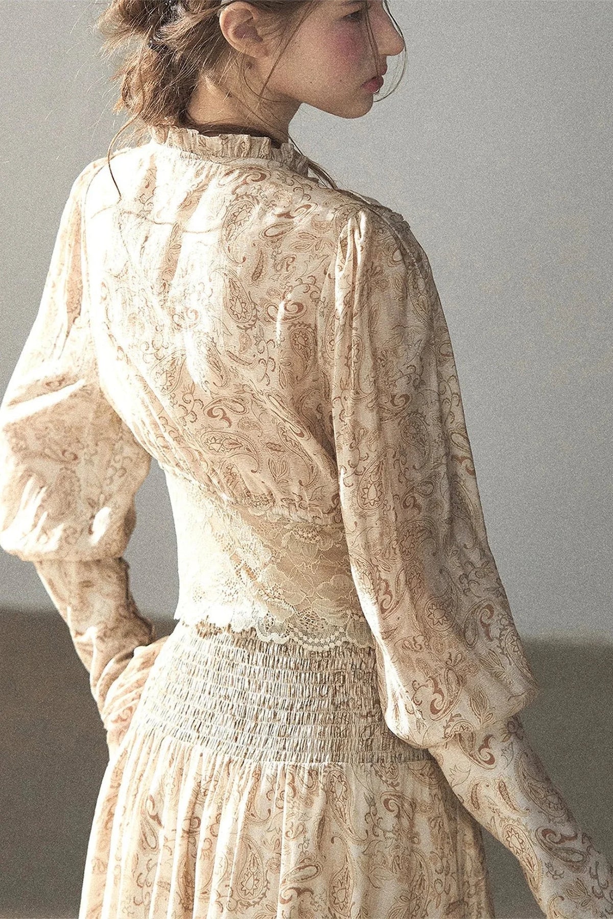 Retro Printed Chiffon Blouse and Skirt Set-Up