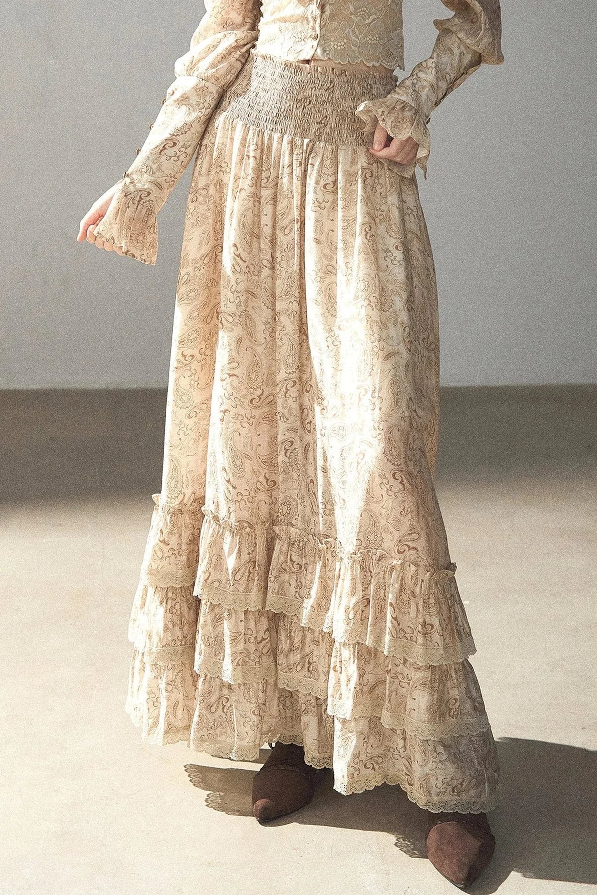 Retro Printed Chiffon Blouse and Skirt Set-Up