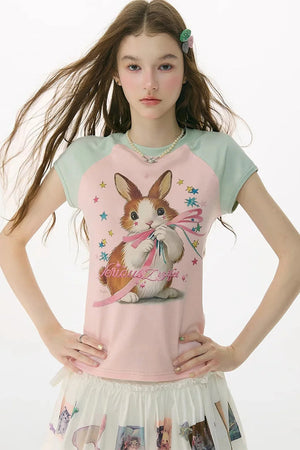 Retro Raglan Rabbit Print Top