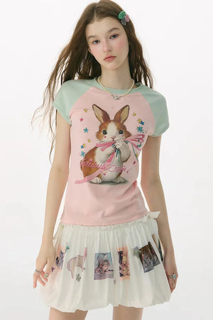 Retro Raglan Rabbit Print Top