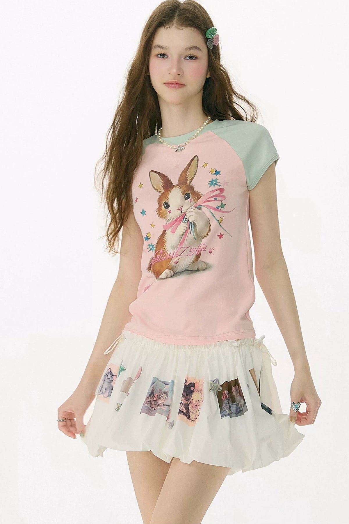 Retro Raglan Rabbit Print Top