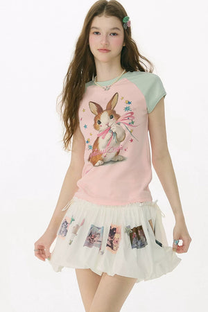 Retro Raglan Rabbit Print Top