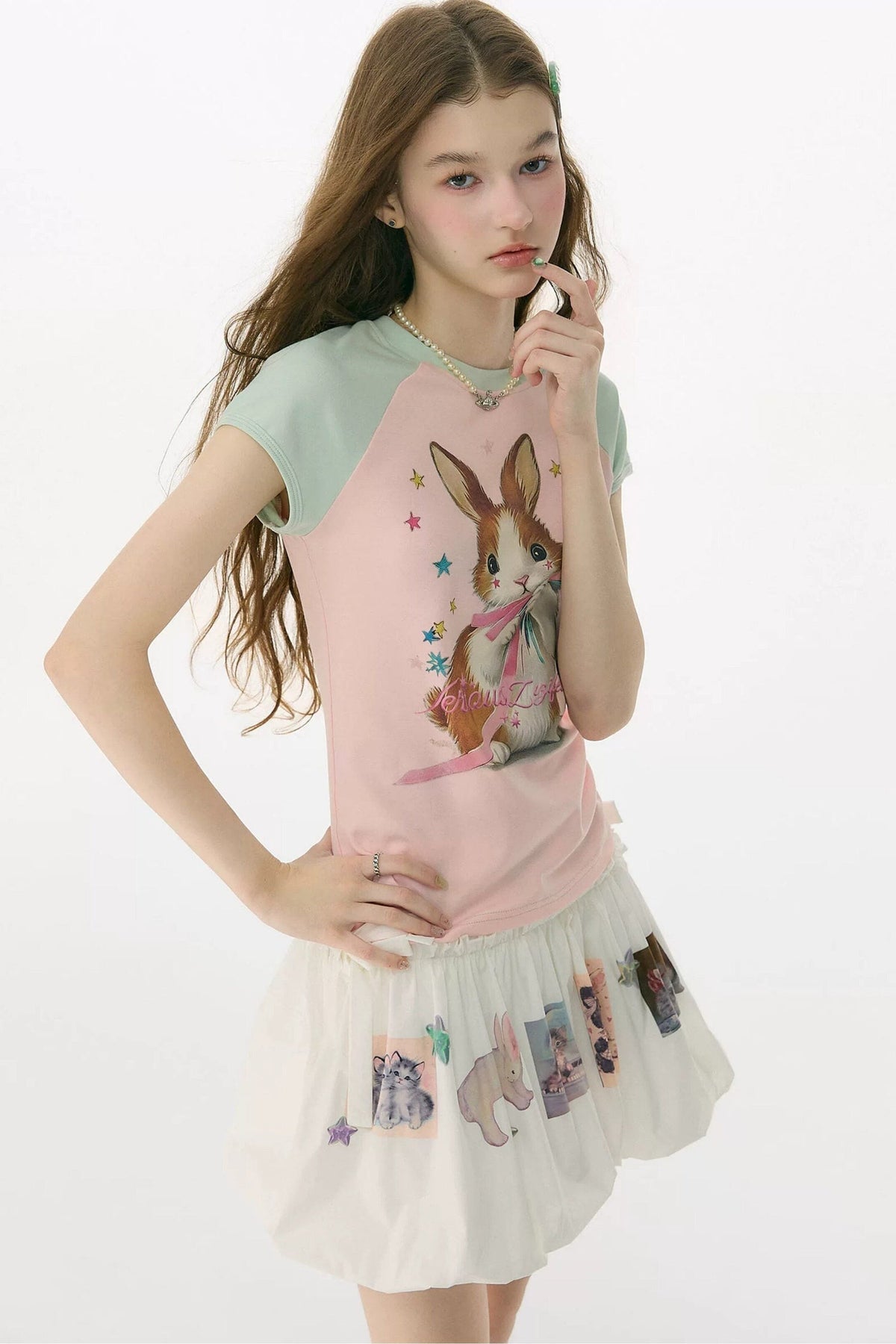 Retro Raglan Rabbit Print Top