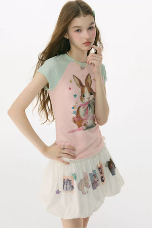 Retro Raglan Rabbit Print Top