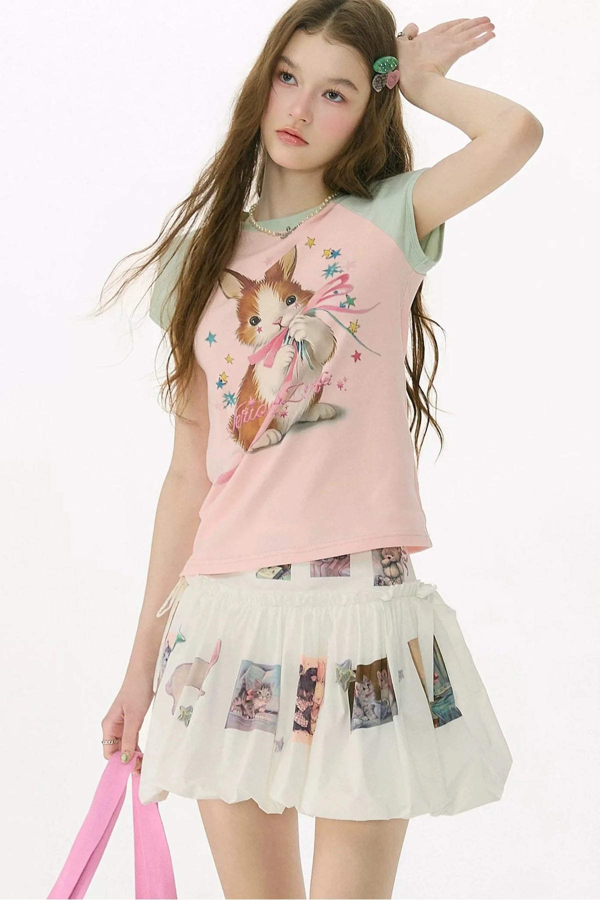 Retro Raglan Rabbit Print Top