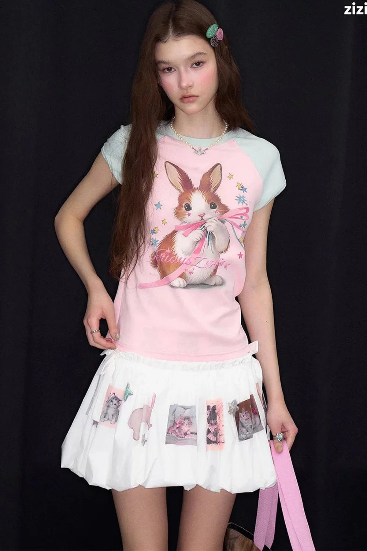Retro Raglan Rabbit Print Top