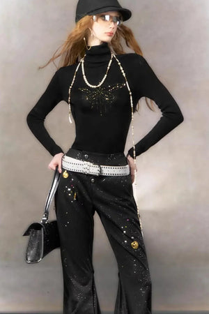Retro Rhinestone Casual Pants