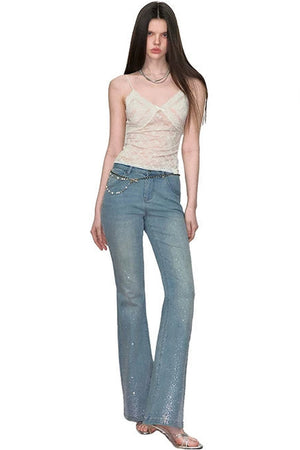 Retro Rhinestone Flared Jeans