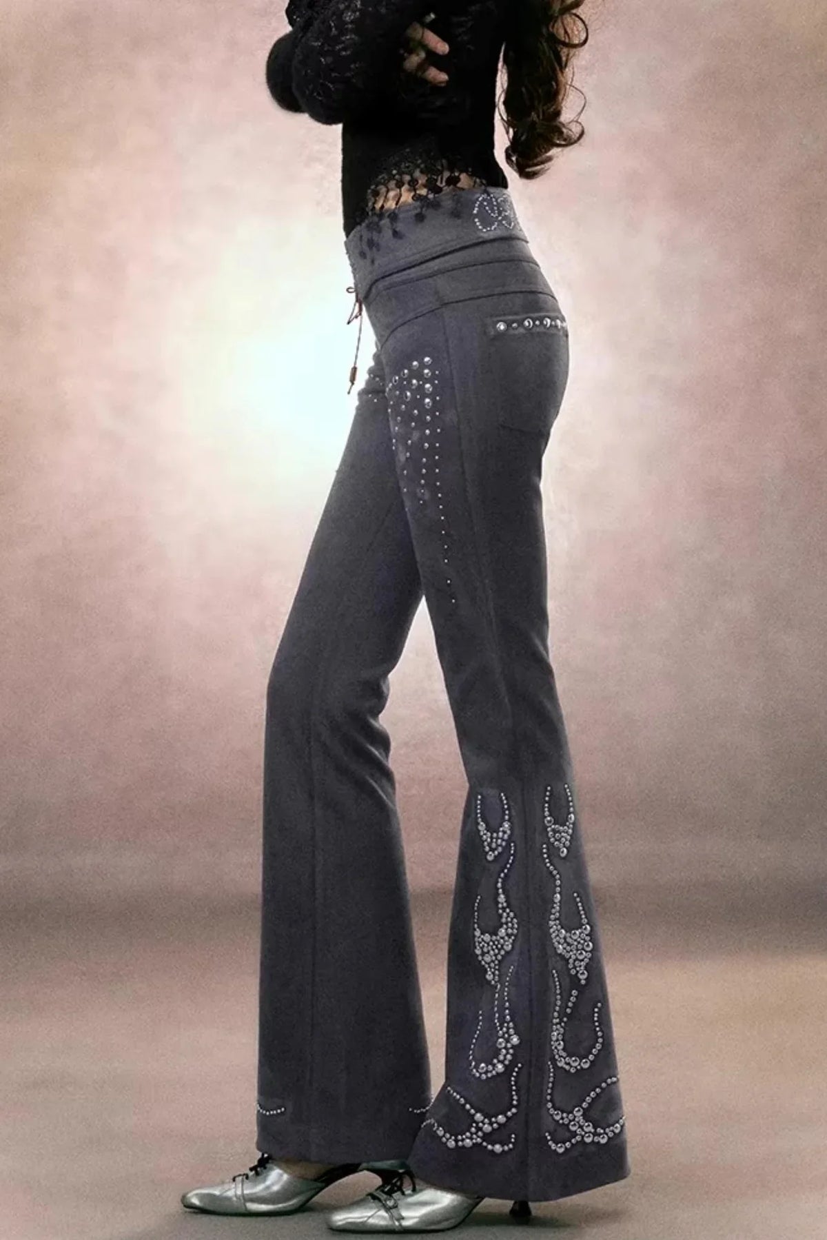 Retro Rhinestone Flared Pants