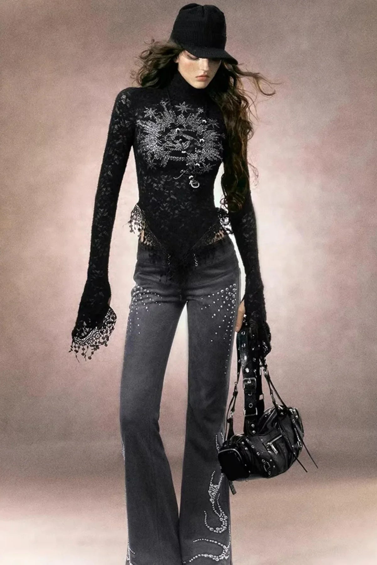 Retro Rhinestone Flared Pants