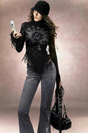 Retro Rhinestone Flared Pants