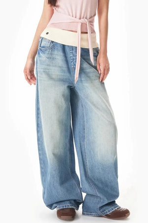 Retro Ribbed Patchwork Denim Pants