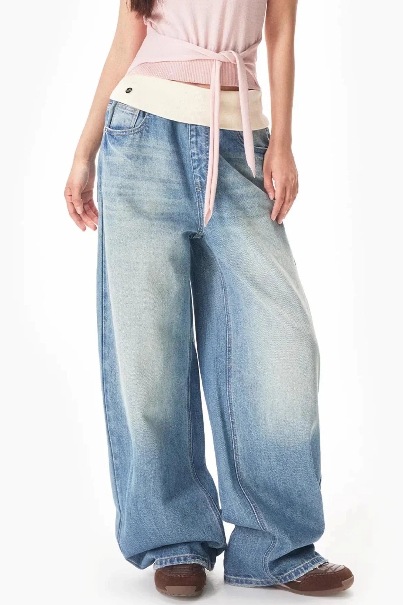 Retro Ribbed Patchwork Denim Pants