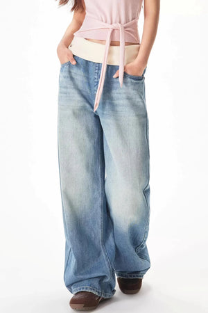Retro Ribbed Patchwork Denim Pants