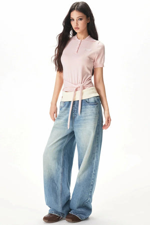 Retro Ribbed Patchwork Denim Pants