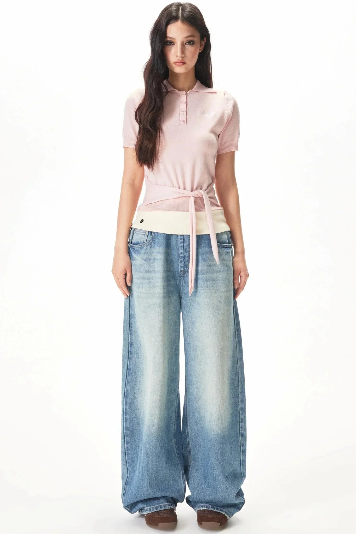 Retro Ribbed Patchwork Denim Pants