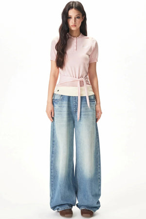 Retro Ribbed Patchwork Denim Pants