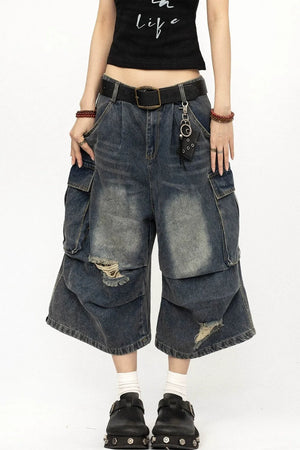 Retro Ripped Denim Capri Pants